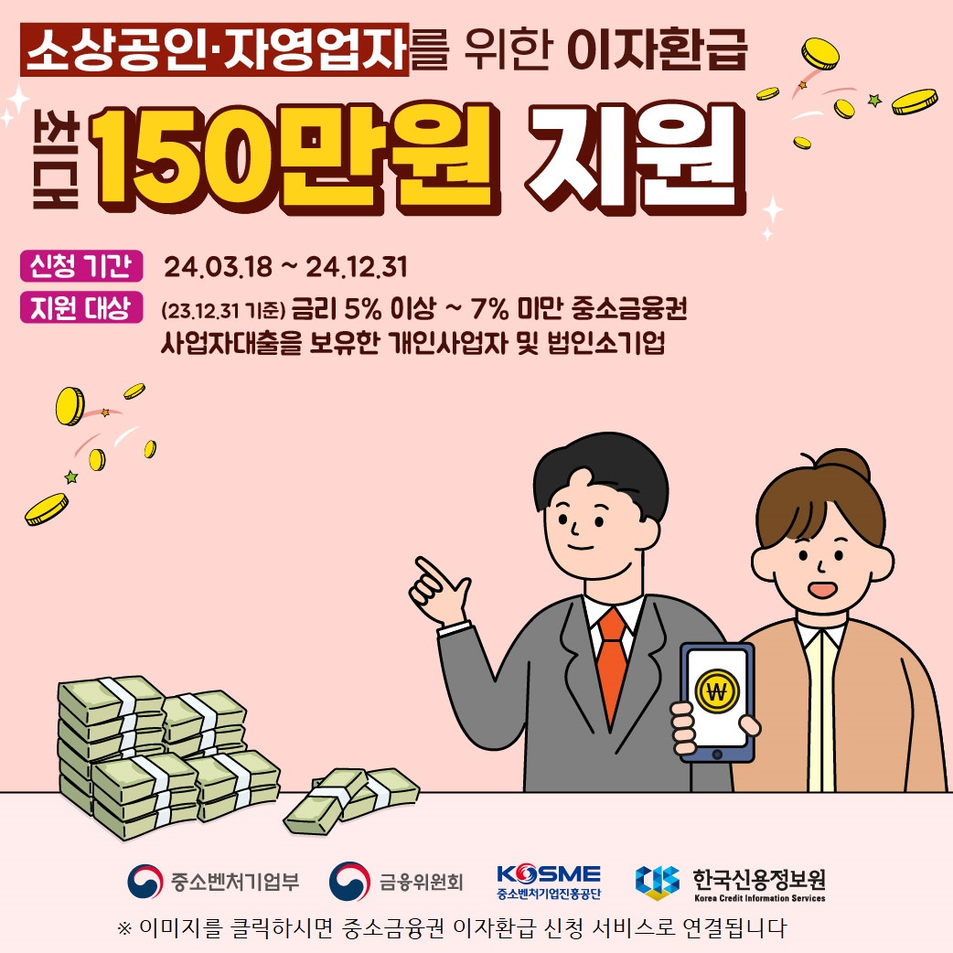 소상공인 자영업자를 위한 이자환급 최대 150만원 지원
신청기간 24.03.18. ~ 24.12.31.
지원대상 (23.13.31 기준) 금리 5%이상 ~ 7% 미만 중소금융권 사업자 대출을 보유한 개인사업자 및 법인소기업
중소벤처기업부 금융위원회 중소벤처기업진흥공단 한국신용정보원
이미지를 클릭하시면 중소금융권 이자환급 신청 서비스로 연결됩니다